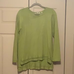 Ladies light cardigan sweater with crochet finish around the bottom.